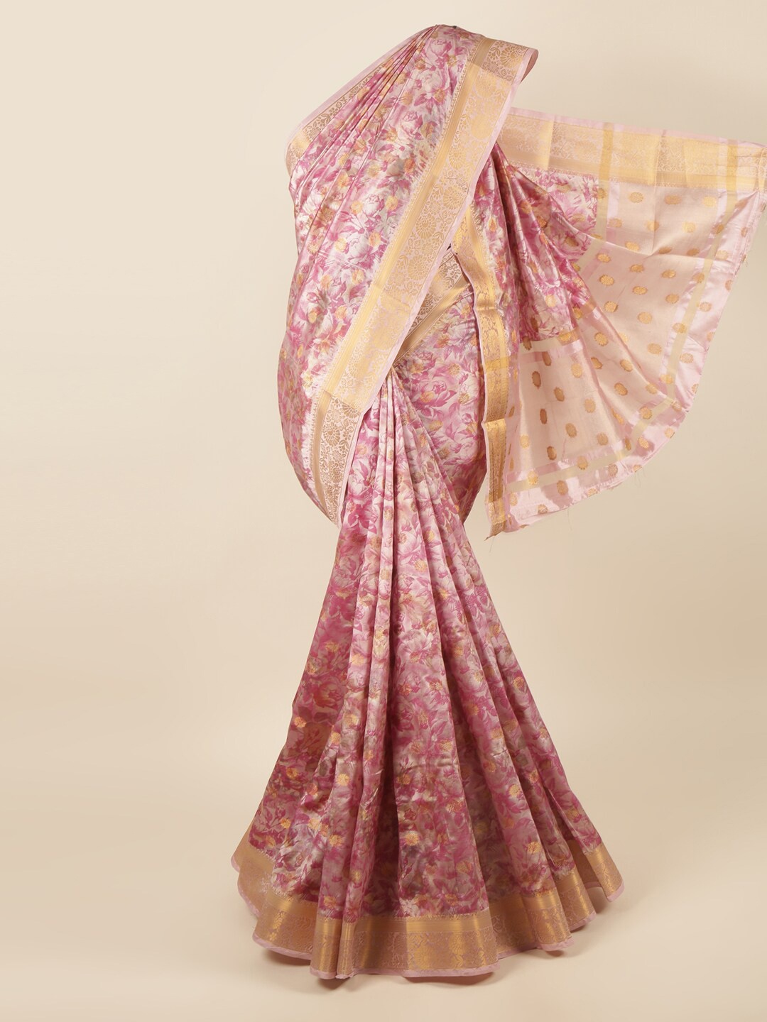 

Pothys Pink & Gold-Toned Floral Zari Art Silk Saree