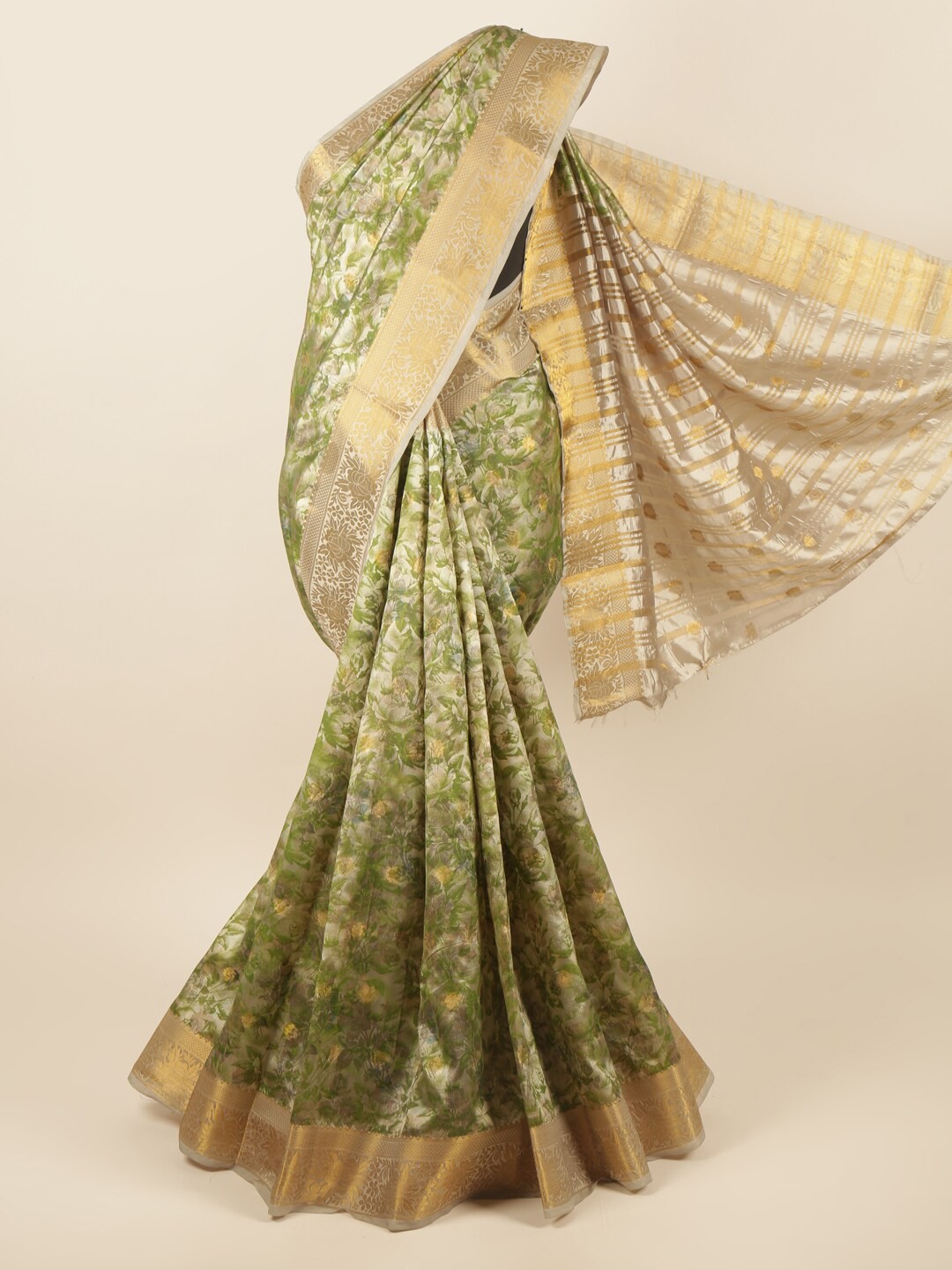 

Pothys Green & Gold-Toned Floral Zari Art Silk Saree