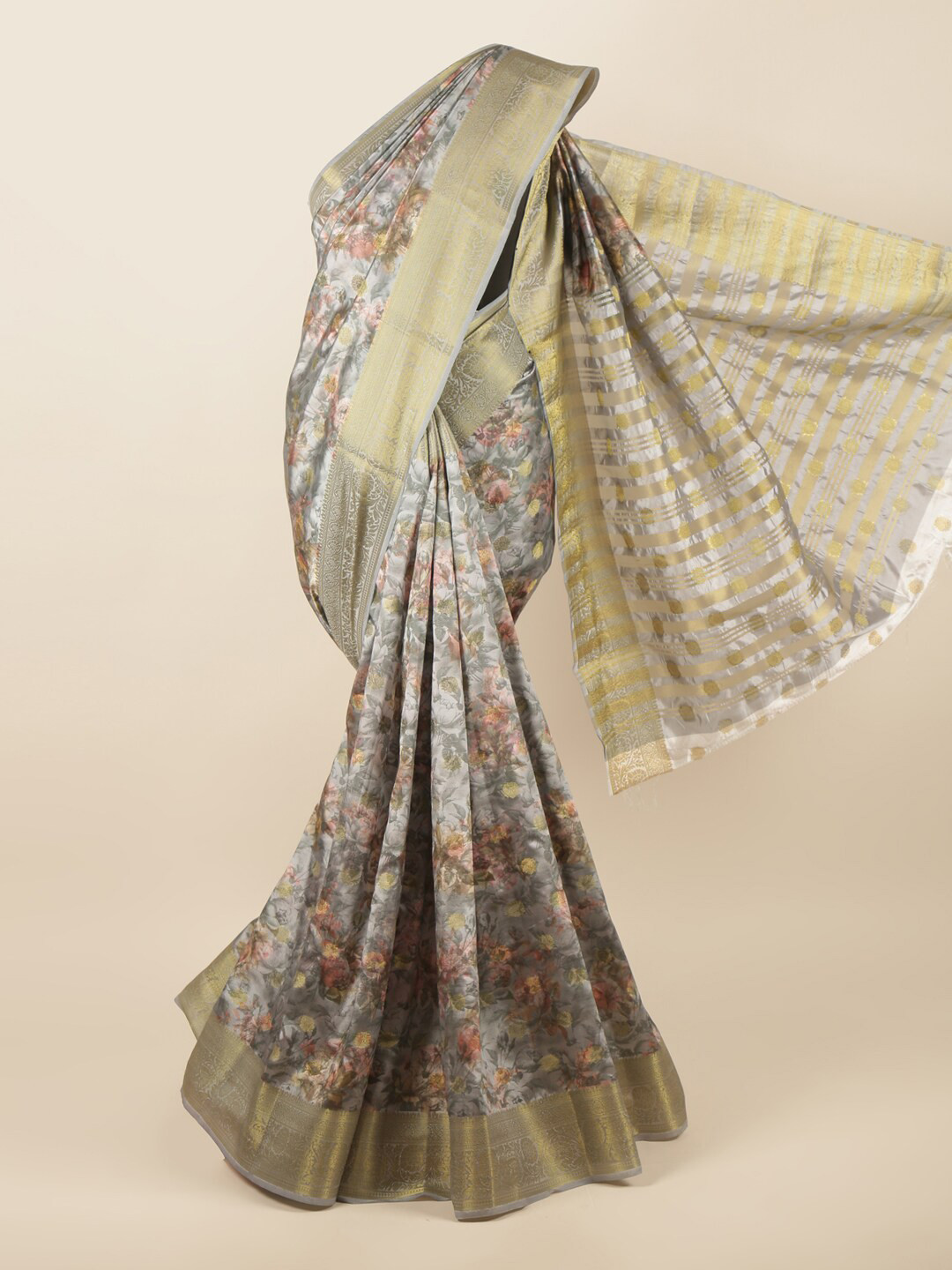 

Pothys Grey & Pink Floral Zari Art Silk Saree