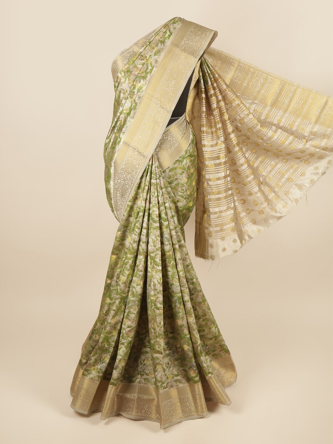 

Pothys Green & Gold-Toned Floral Zari Art Silk Saree