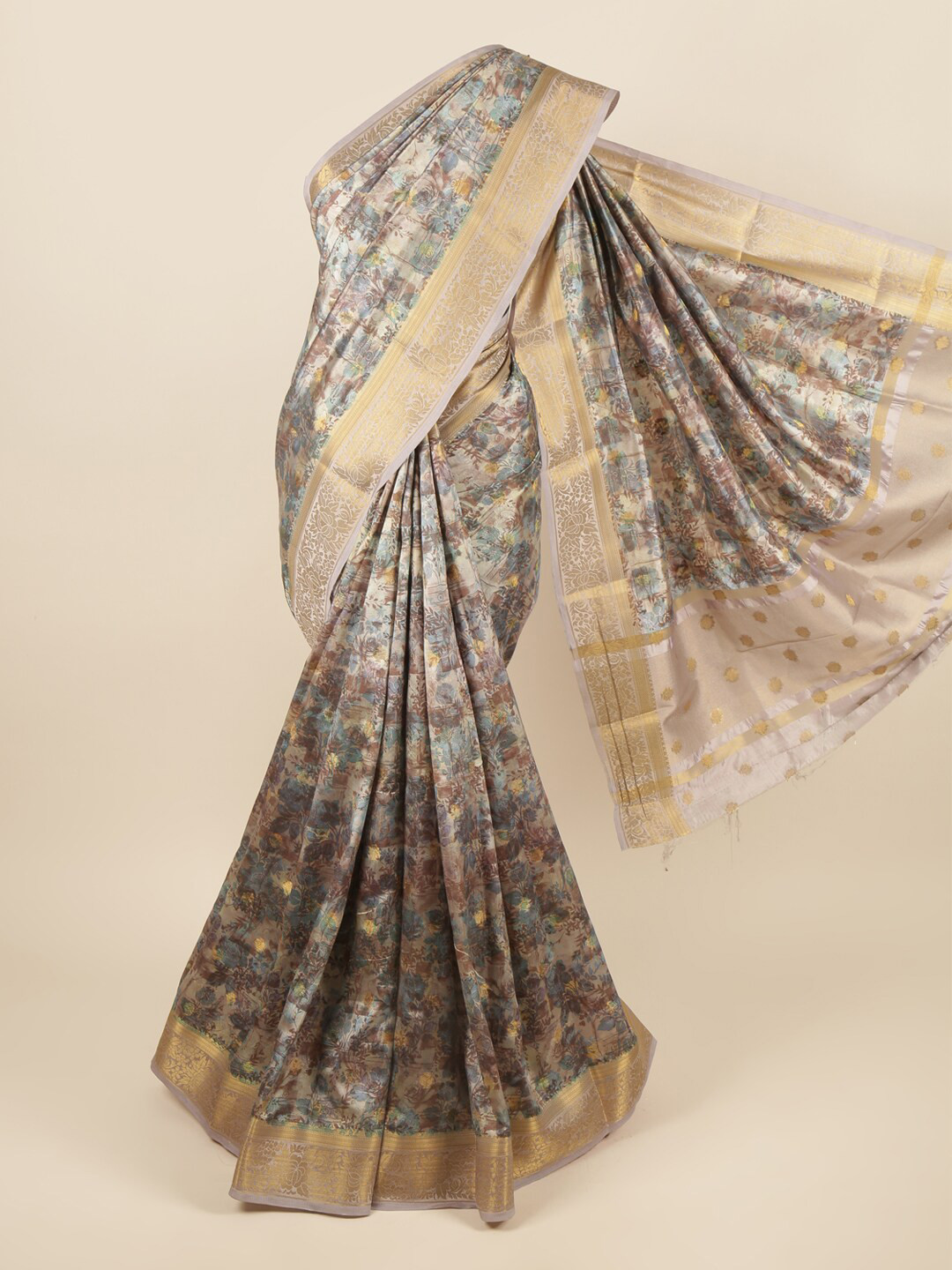

Pothys Grey & Blue Floral Zari Art Silk Saree