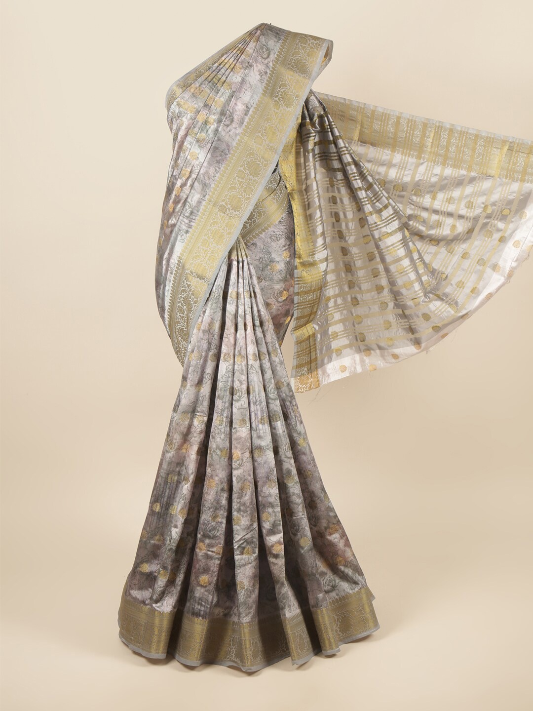 

Pothys Grey & Gold-Toned Floral Printed Zari Art Silk Saree