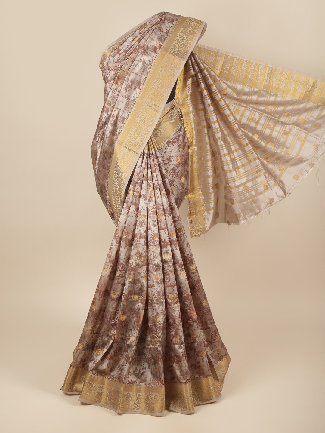 

Pothys Grey & Gold-Toned Floral Printed Zari Art Silk Saree