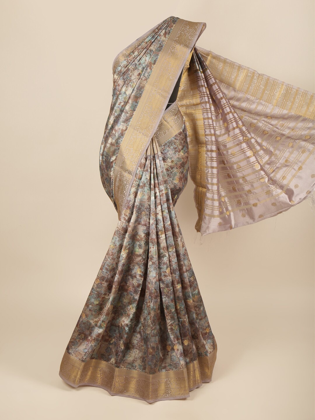 

Pothys Grey & Brown Floral Zari Art Silk Saree