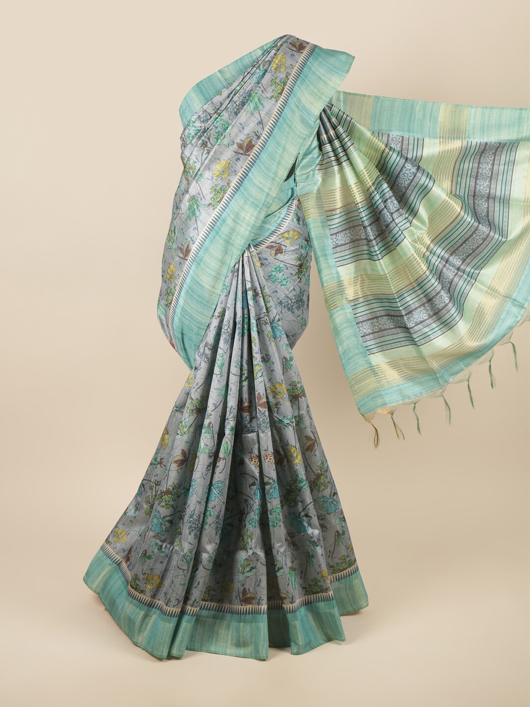 

Pothys Grey & Green Floral Printed Zari Art Silk Saree
