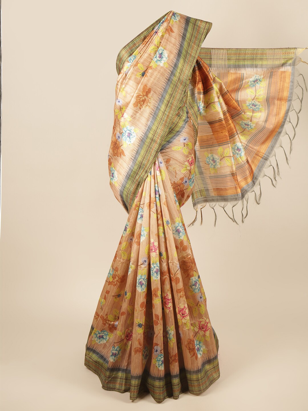 

Pothys Rust & Blue Floral Zari Art Silk Saree