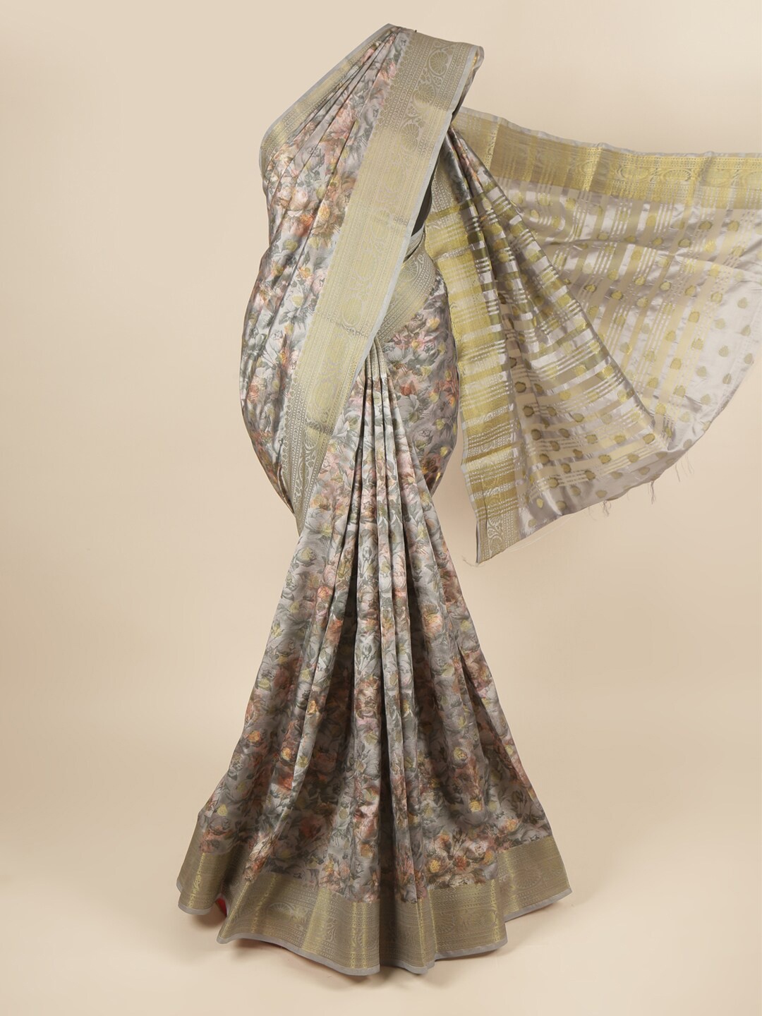 

Pothys Grey & Gold-Toned Floral Zari Art Silk Saree