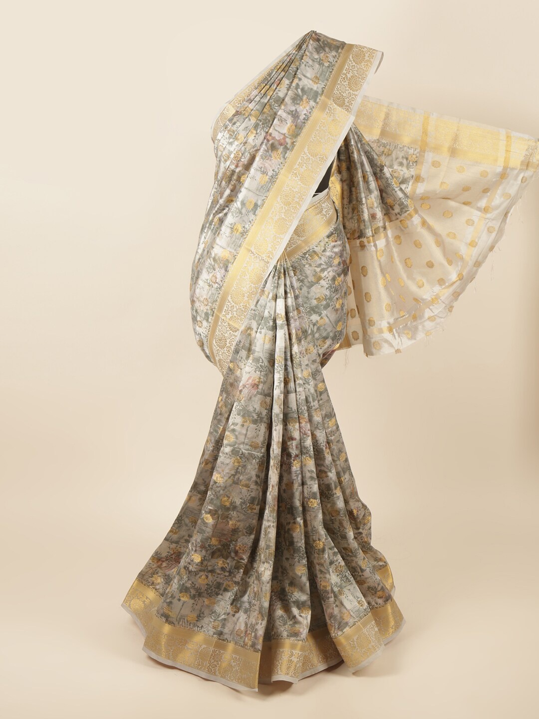 

Pothys Grey & Gold-Toned Floral Zari Art Silk Saree