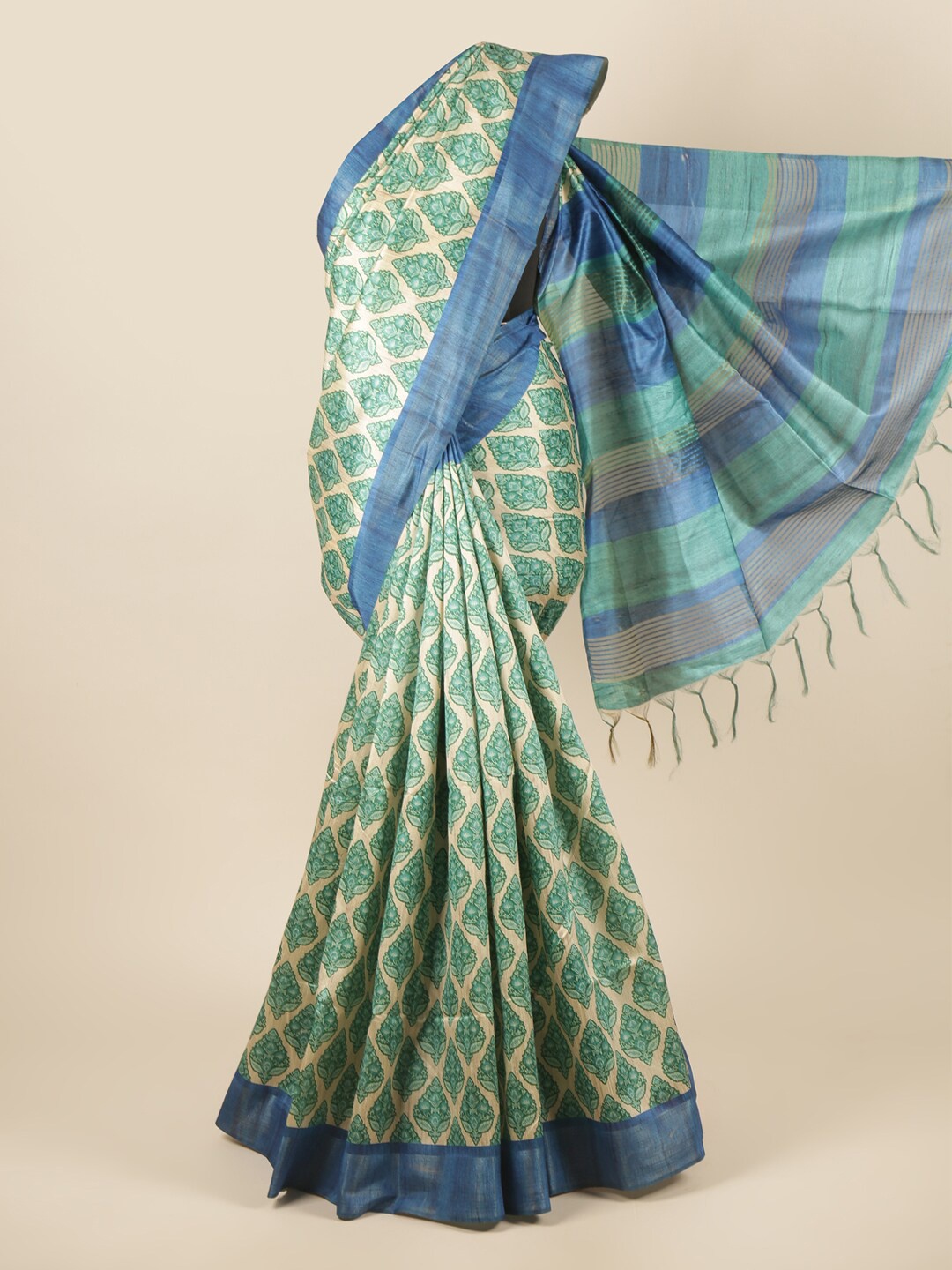 

Pothys Green & Blue Ethnic Motifs Printed Zari Art Silk Saree