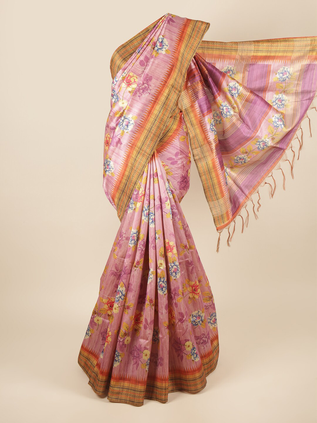 

Pothys Pink & Orange Floral Printed Art Silk Saree