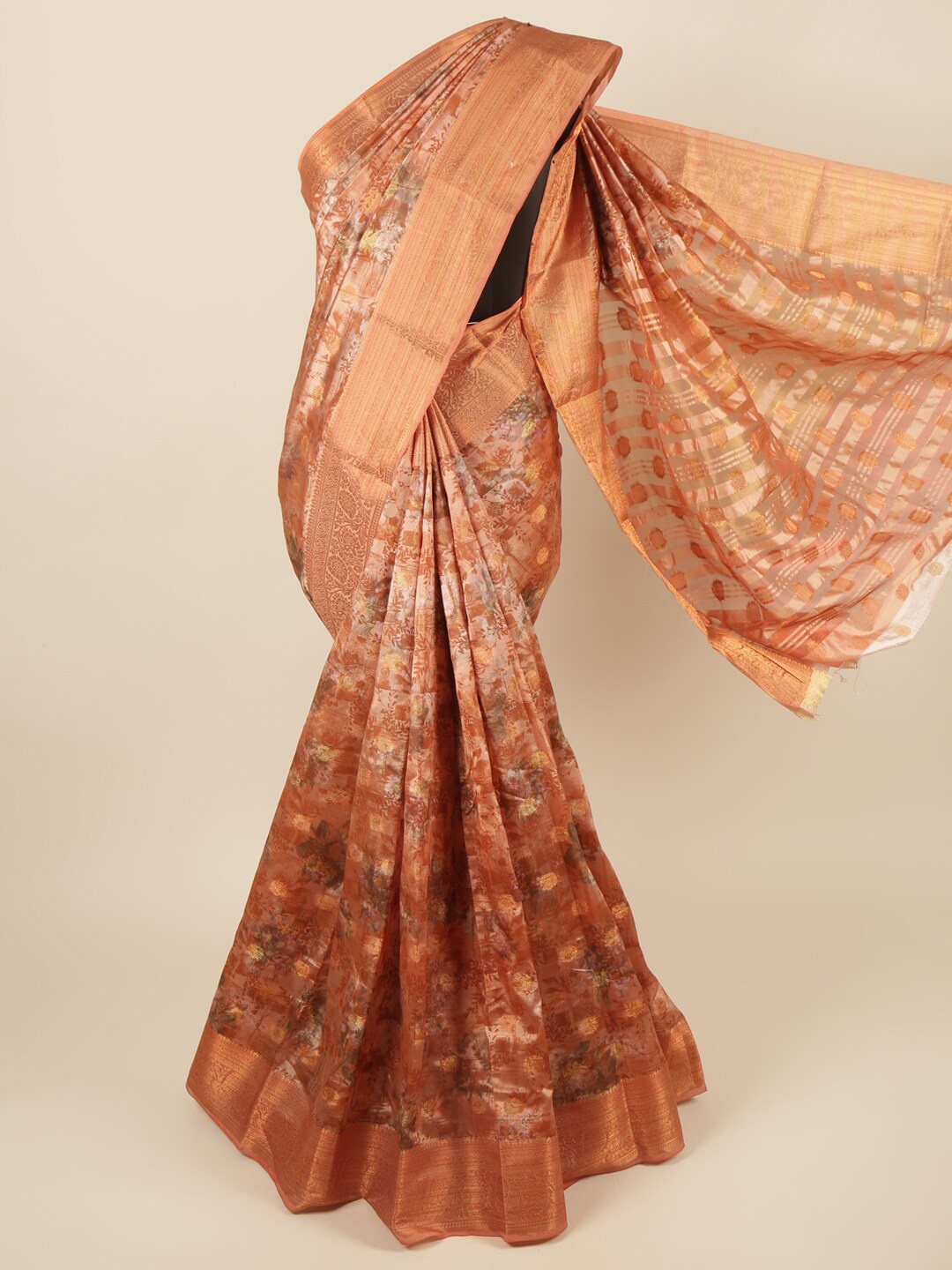 

Pothys Rust & Grey Floral Zari Art Silk Saree