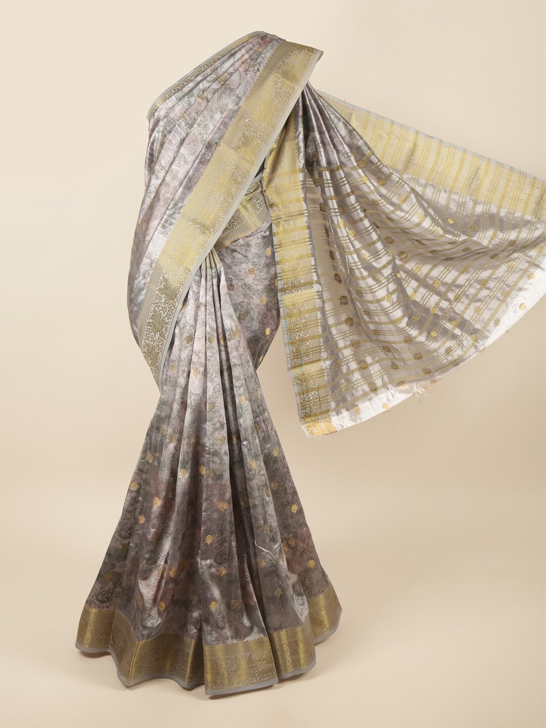 

Pothys Grey & Gold-Toned Floral Zari Art Silk Saree