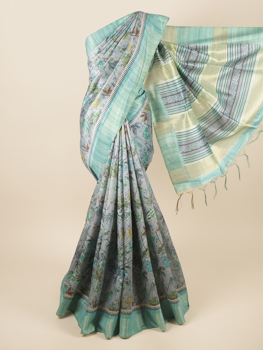 

Pothys Grey & Sea Green Floral Printed Zari Art Silk Saree
