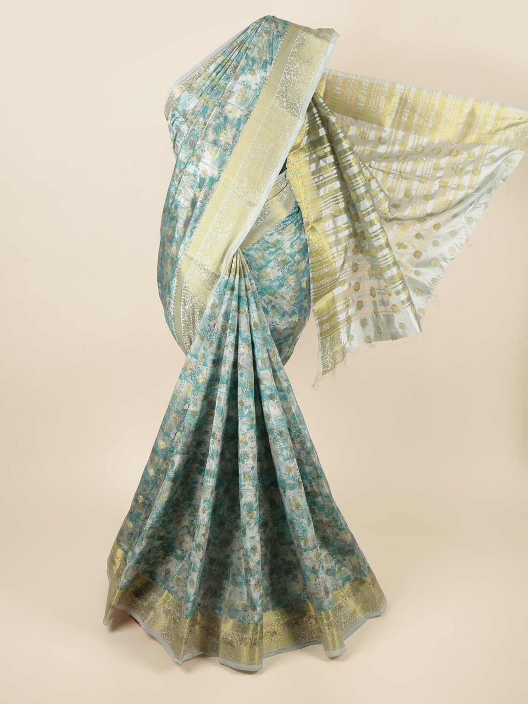 

Pothys Blue & Gold-Toned Floral Zari Art Silk Saree