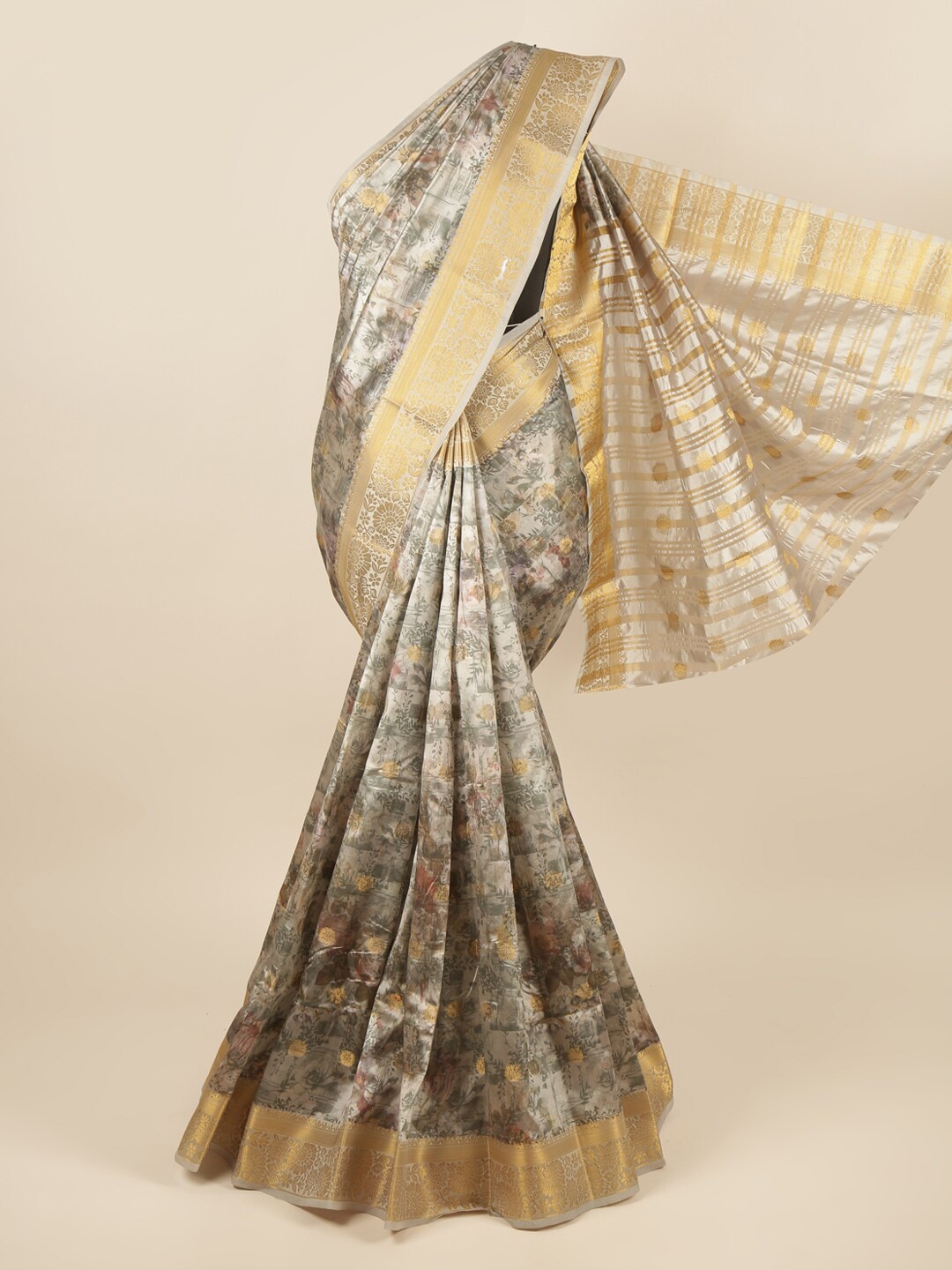 

Pothys Grey & Gold-Toned Floral Printed Zari Art Silk Saree