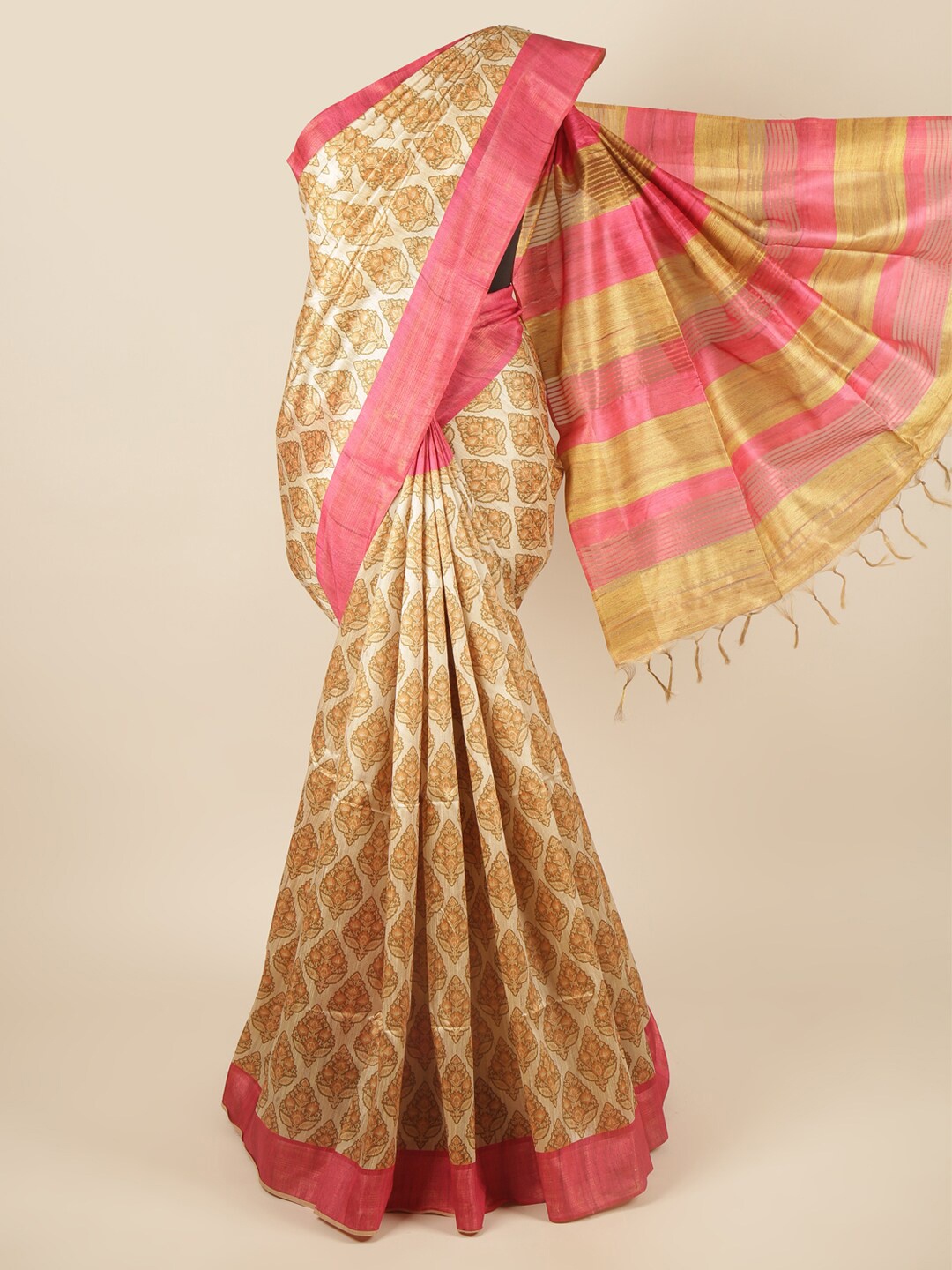 

Pothys Cream-Coloured & Pink Floral Zari Art Silk Saree