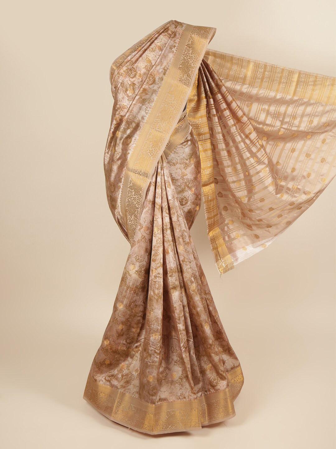 

Pothys Gold-Toned & Brown Floral Art Silk Saree