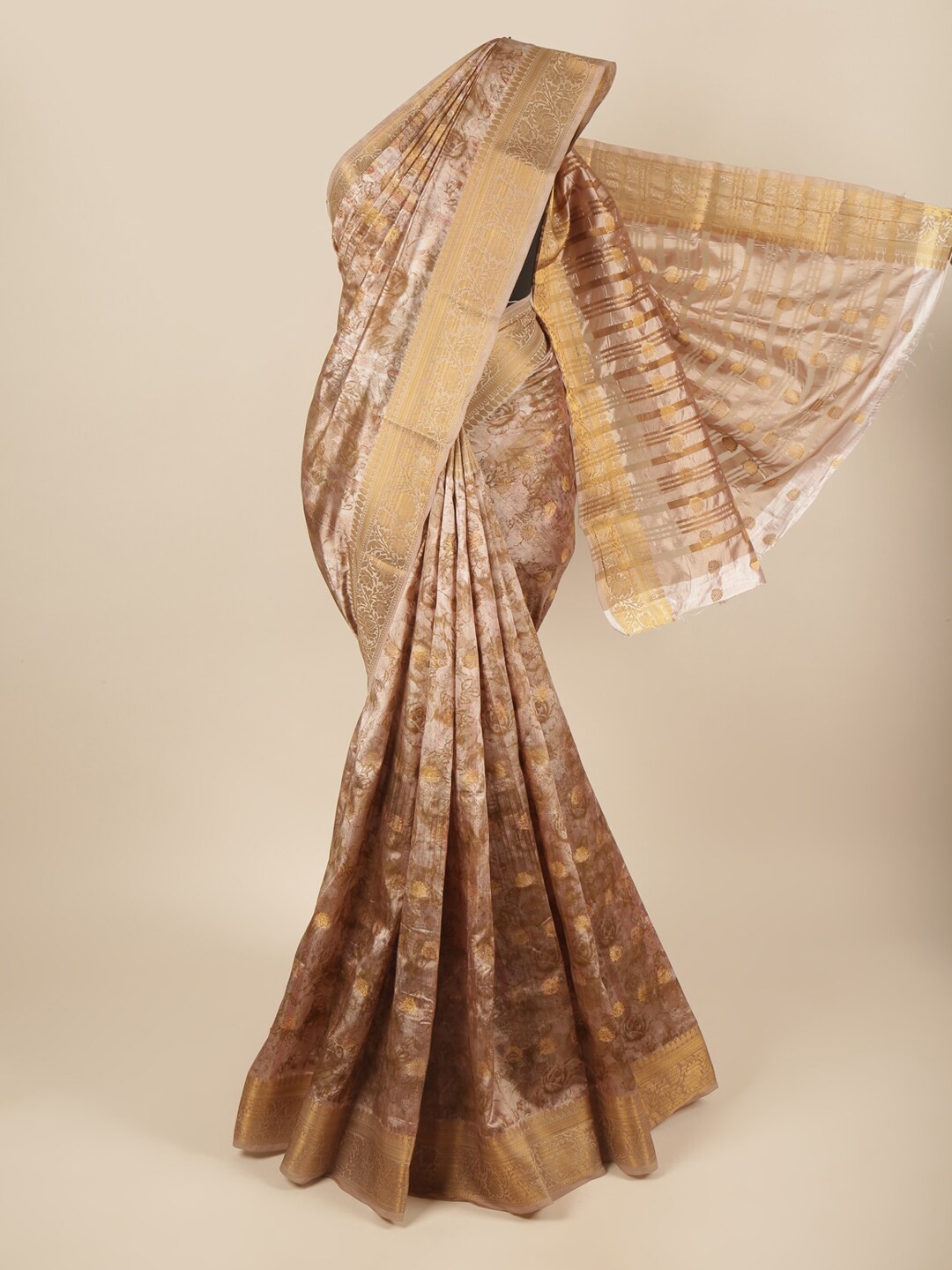 

Pothys Gold-Toned & Brown Floral Zari Art Silk Saree