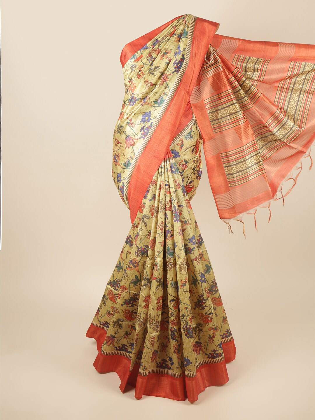 

Pothys Green & Orange Floral Printed Zari Art Silk Saree