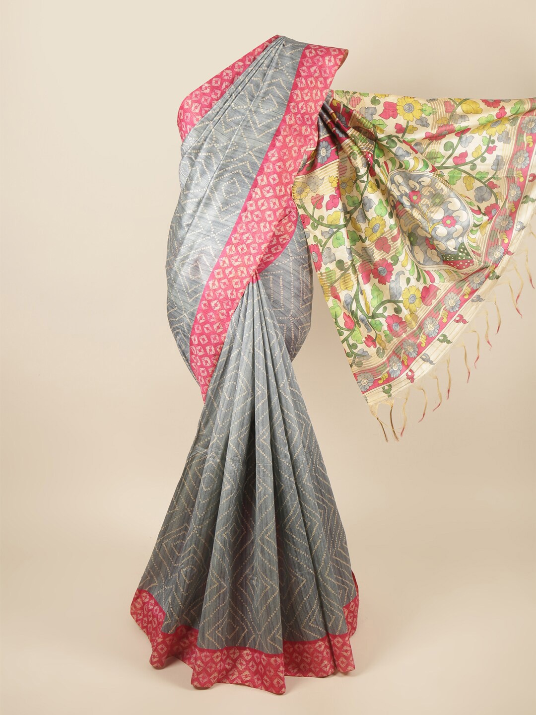 

Pothys Grey & Pink Floral Printed Zari Art Silk Saree