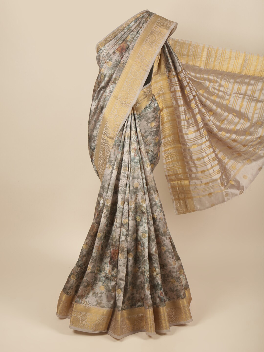 

Pothys Grey & Gold-Toned Floral Printed Zari Art Silk Saree