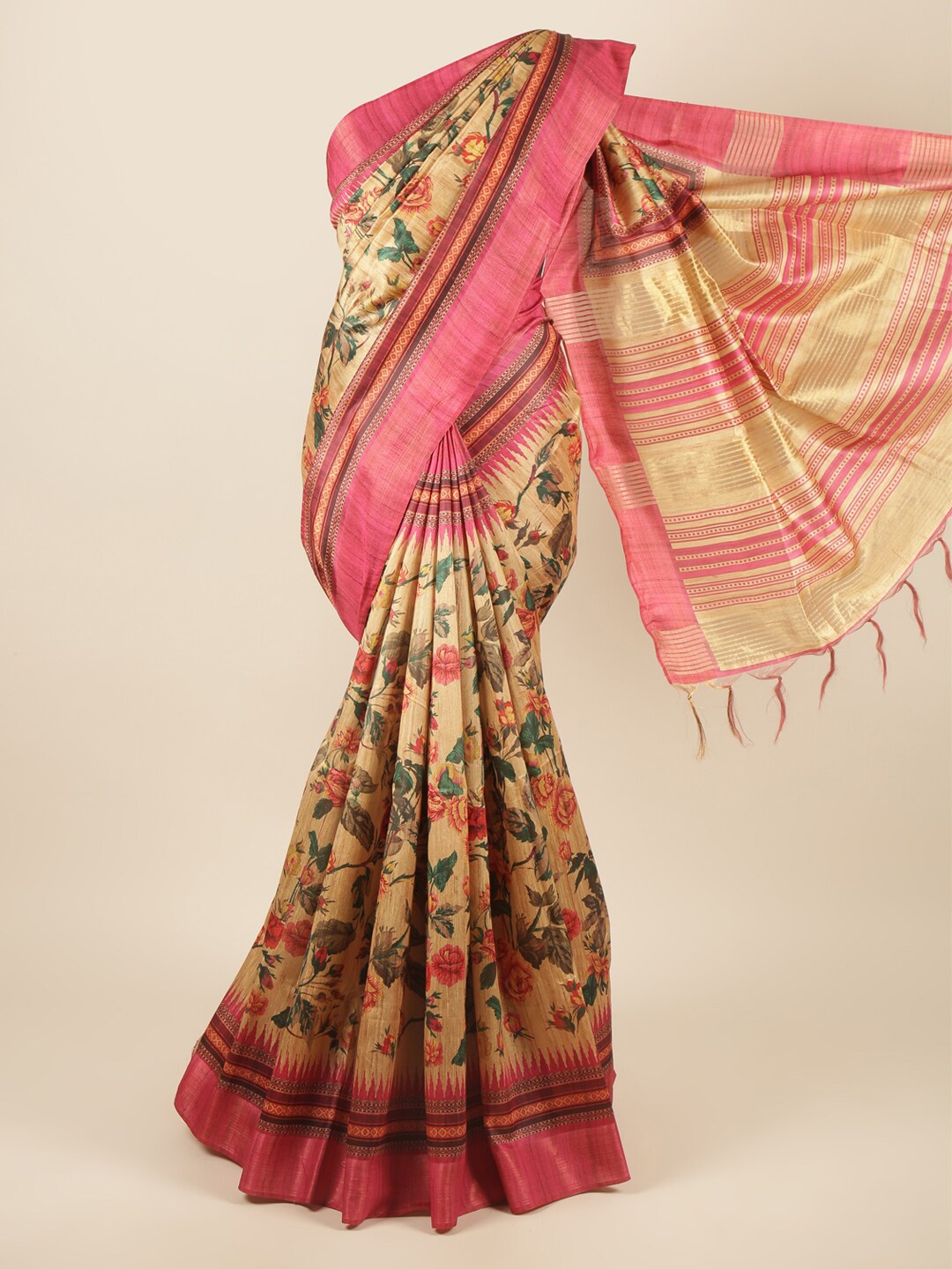

Pothys Peach-Coloured & Pink Floral Printed Zari Art Silk Saree