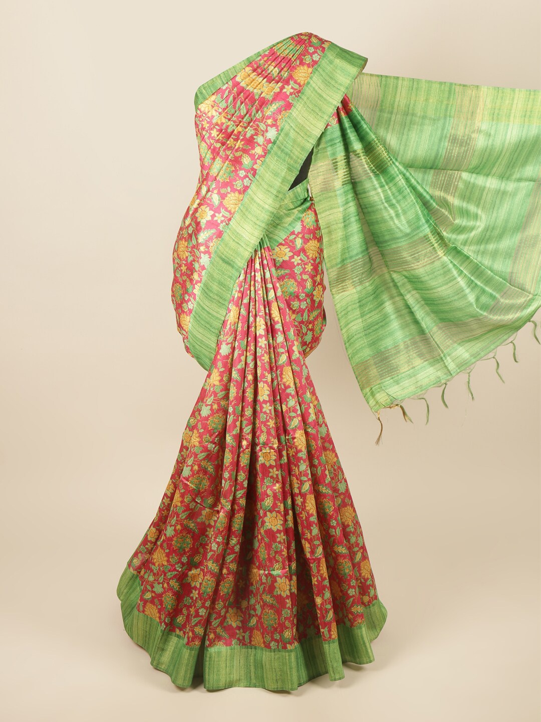 

Pothys Pink & Green Floral Art Silk Saree