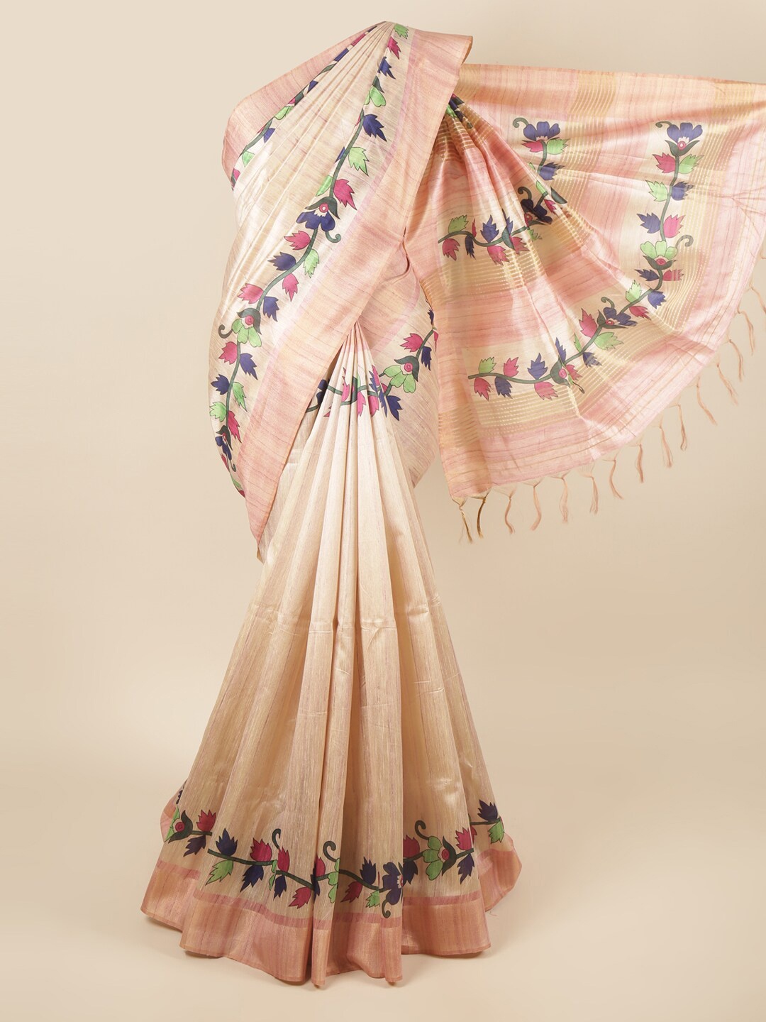 

Pothys Cream-Coloured & Blue Floral Art Silk Saree