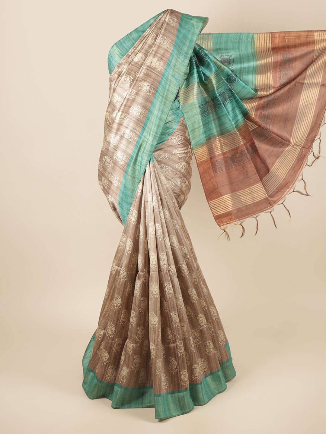 

Pothys Brown & Green Floral Printed Art Silk Saree