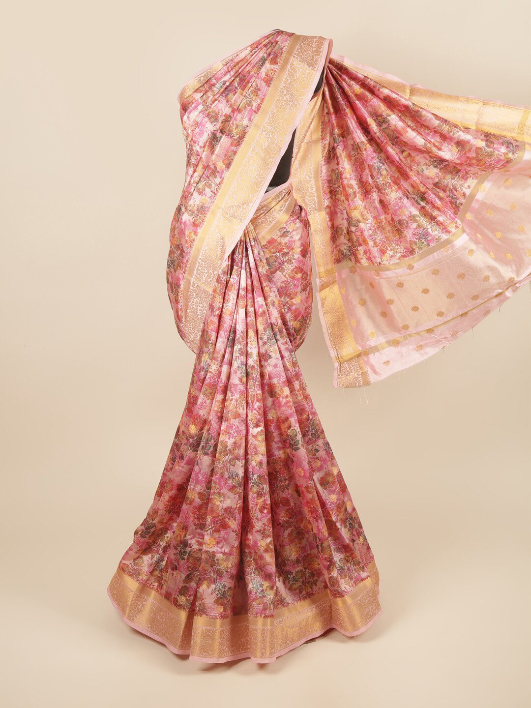 

Pothys Pink & Gold-Toned Floral Zari Art Silk Saree