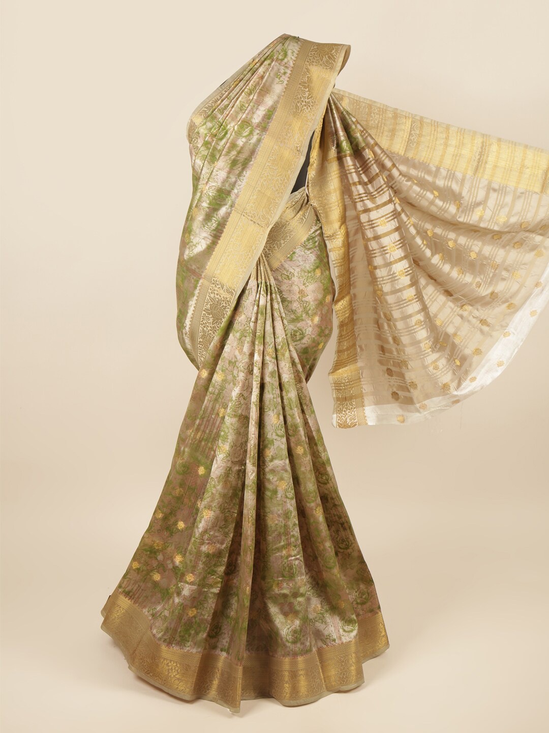 

Pothys Green & Gold-Toned Floral Printed Zari Art Silk Saree
