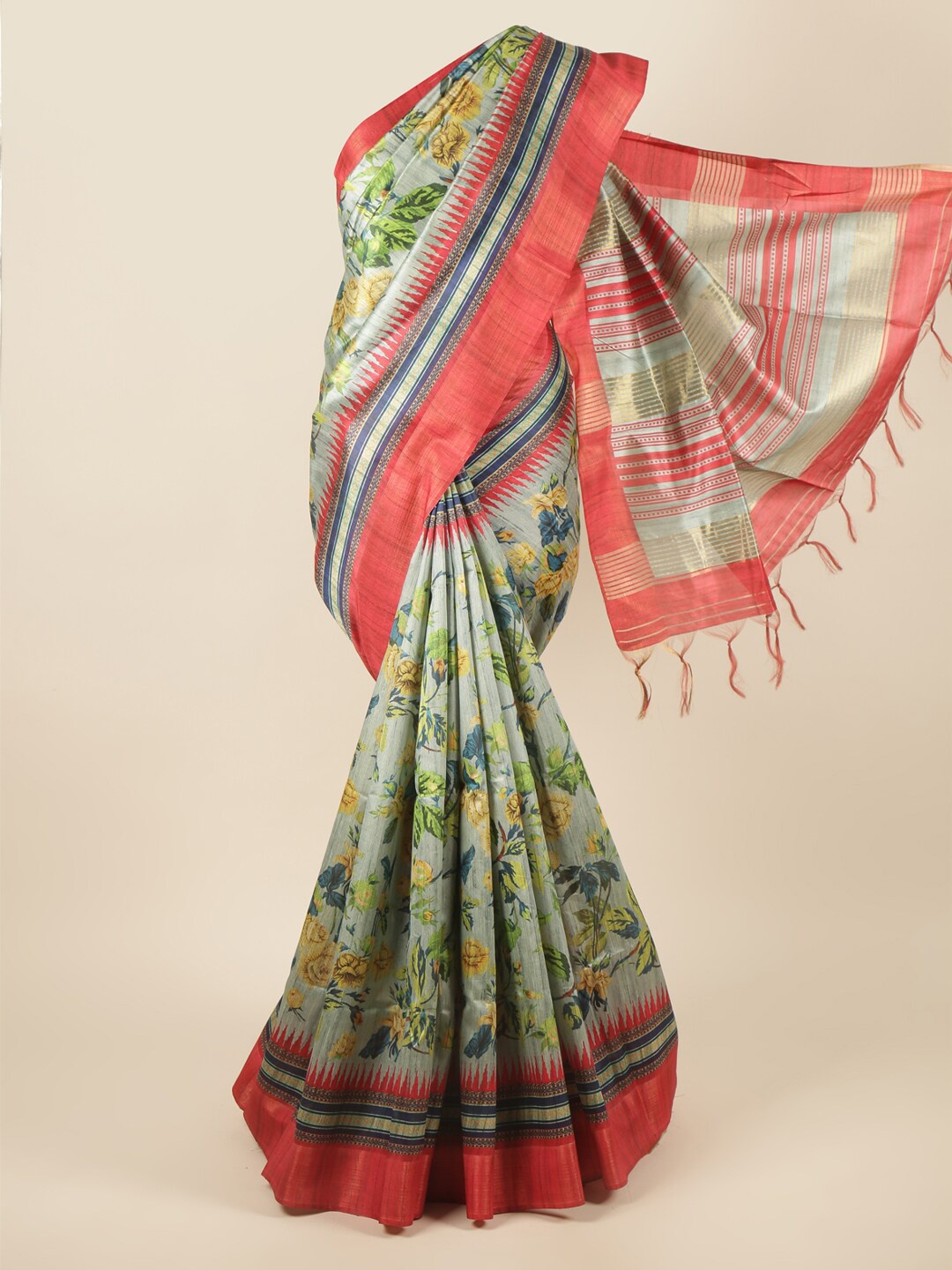 

Pothys Green & Red Floral Printed Art Silk Saree