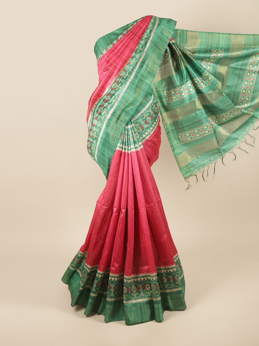 

Pothys Pink & Green Printed Zari Art Silk Saree