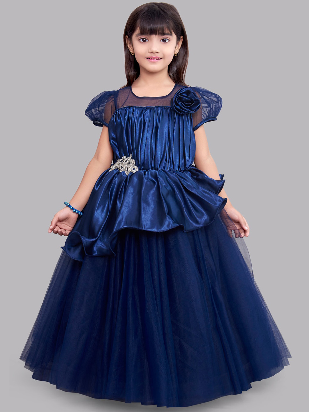 

Pink Chick Girls Navy Blue Satin Peplum Maxi Dress