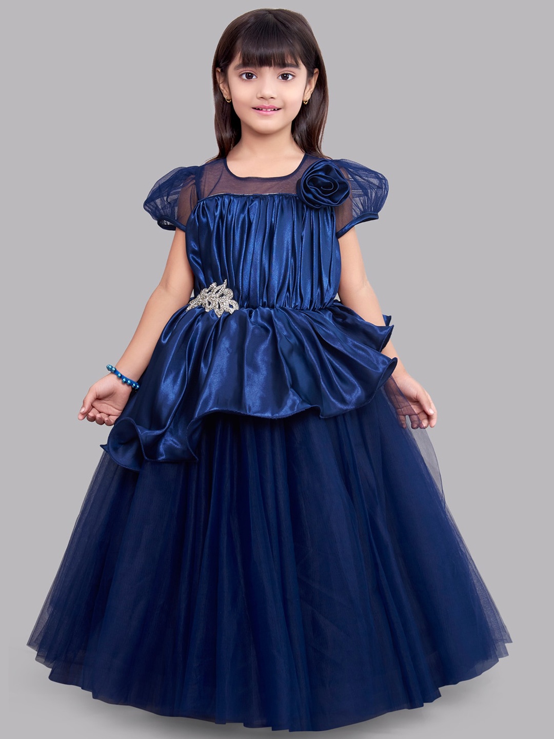 

Pink Chick Girls Navy Blue Satin Peplum Maxi Dress