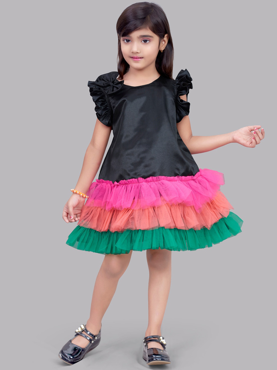 

Pink Chick Girls Black & Pink Colourblocked Layered Satin A-Line Dress