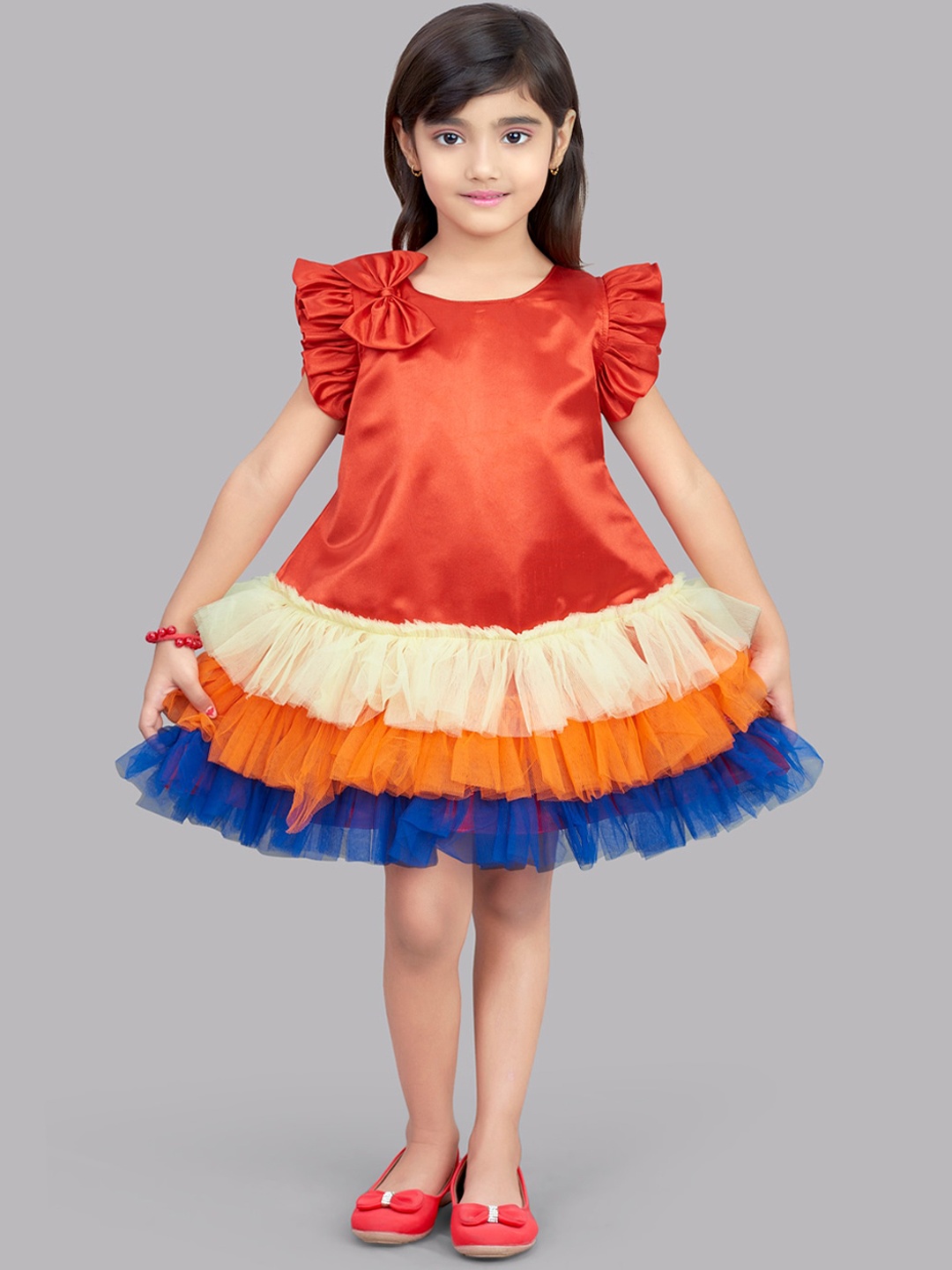 

Pink Chick Girls Red & Yellow Colourblocked Satin Drop-Waist Dress