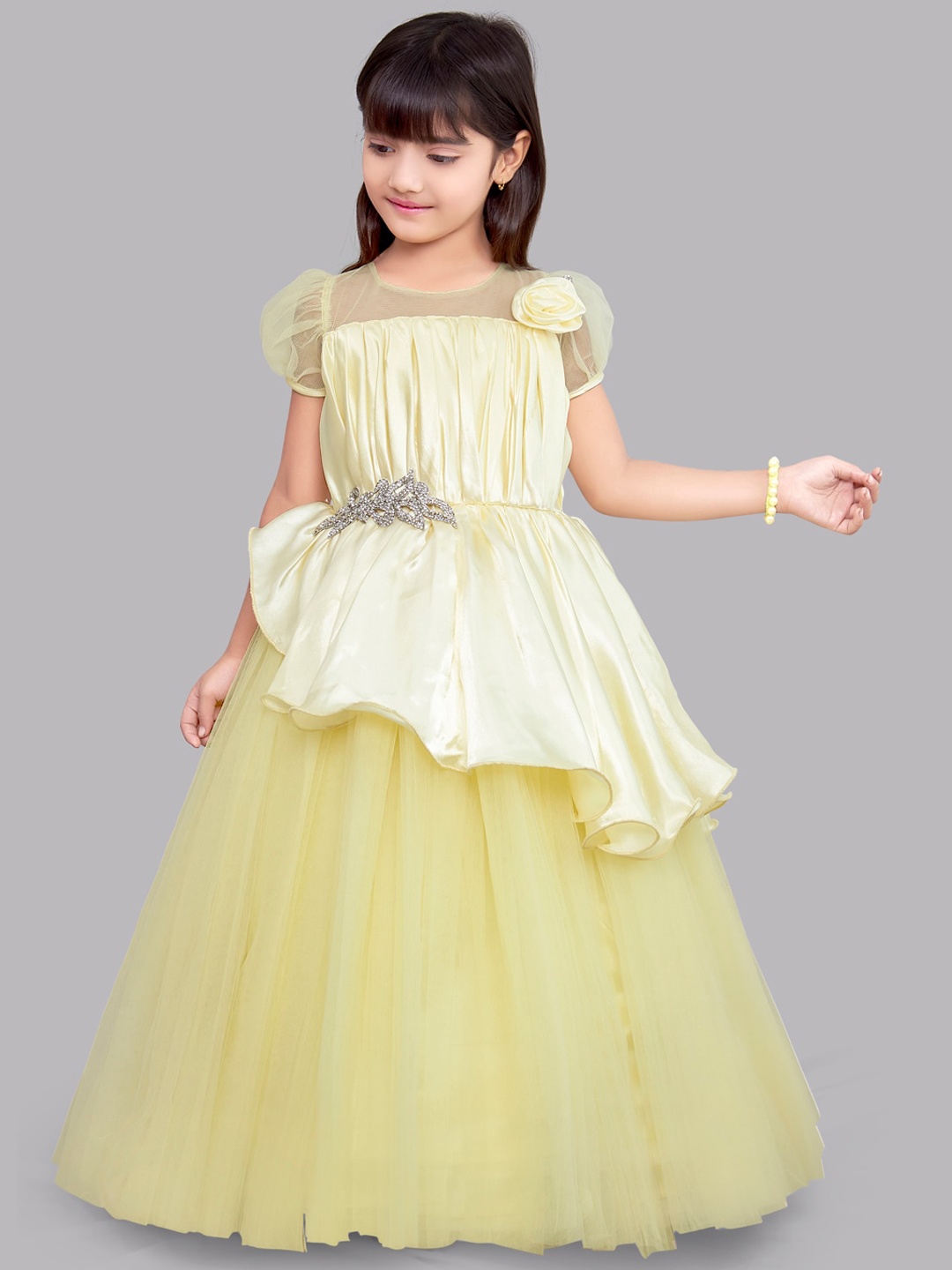 

Pink Chick Girls Yellow Satin Peplum Maxi Dress