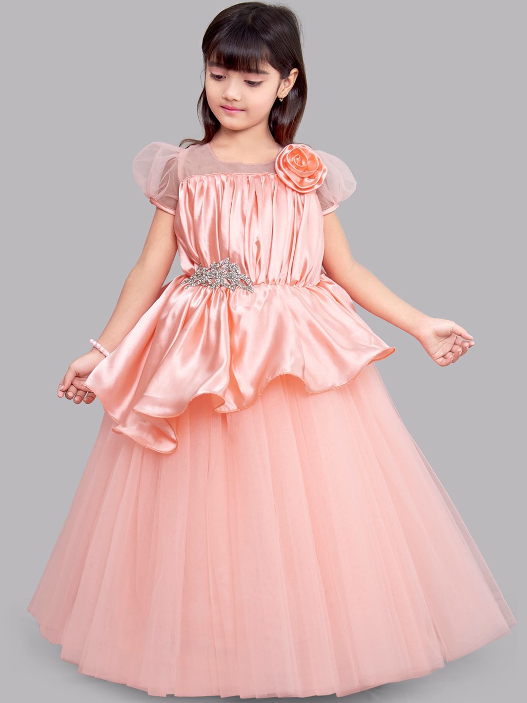 

Pink Chick Girls Peach-Coloured Satin Peplum Maxi Dress
