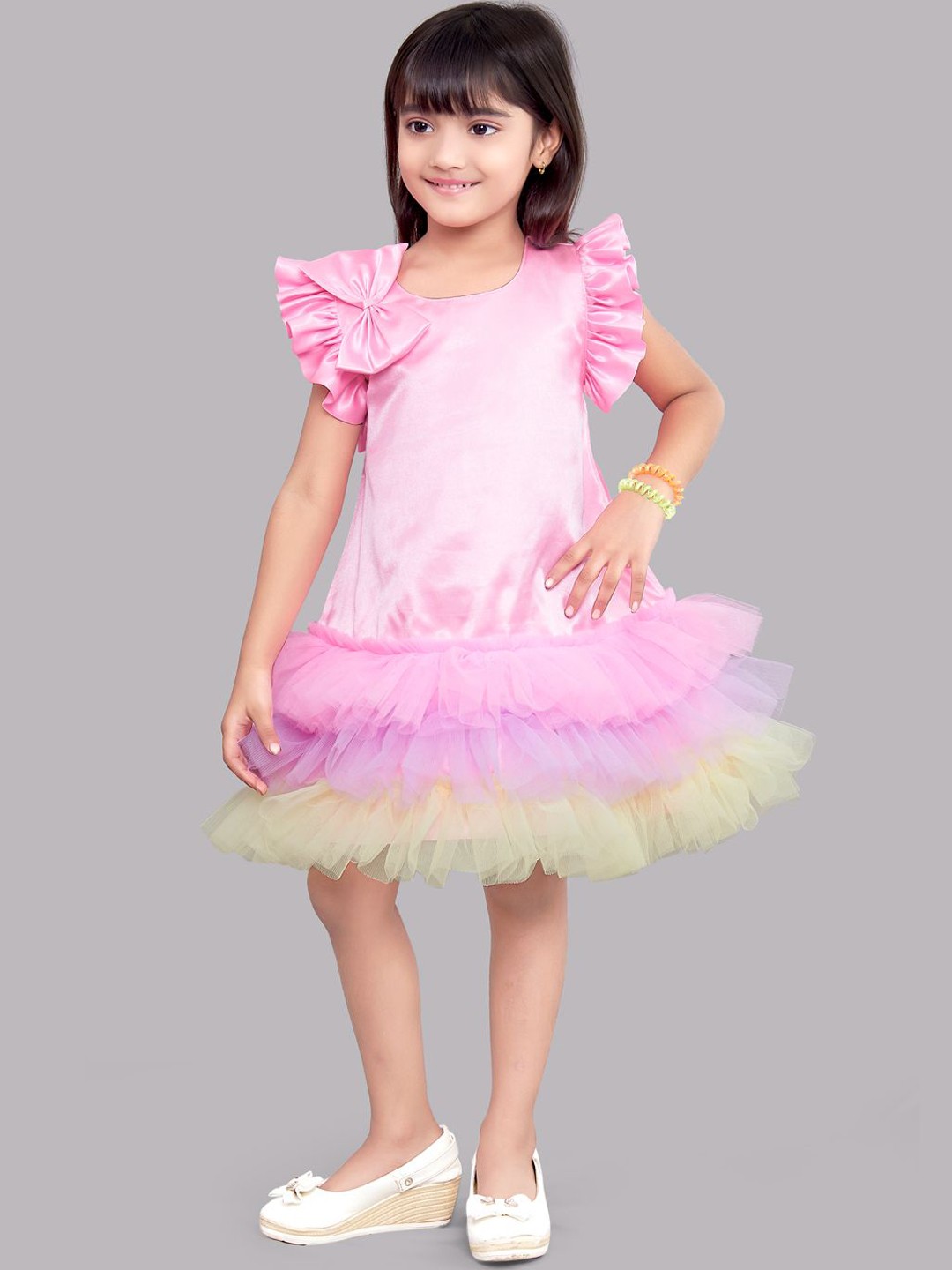 

Pink Chick Girls Pink Colourblocked Satin A-Line Dress