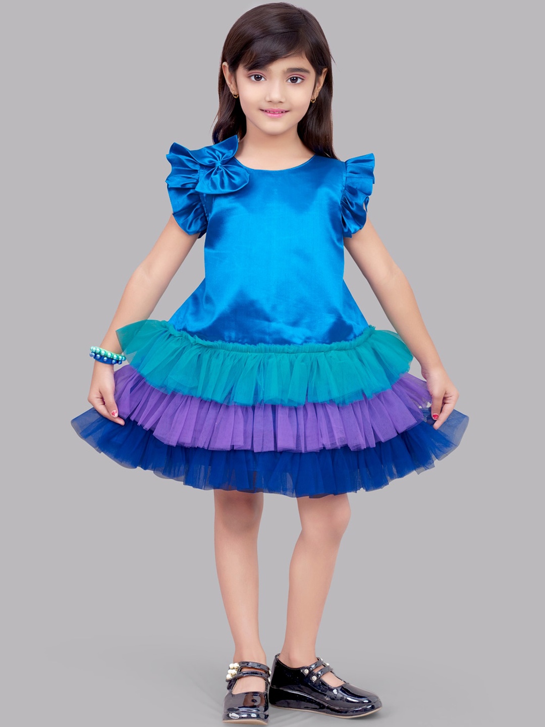 

Pink Chick Girls Blue & Green Colourblocked Layered Satin A-Line Dress