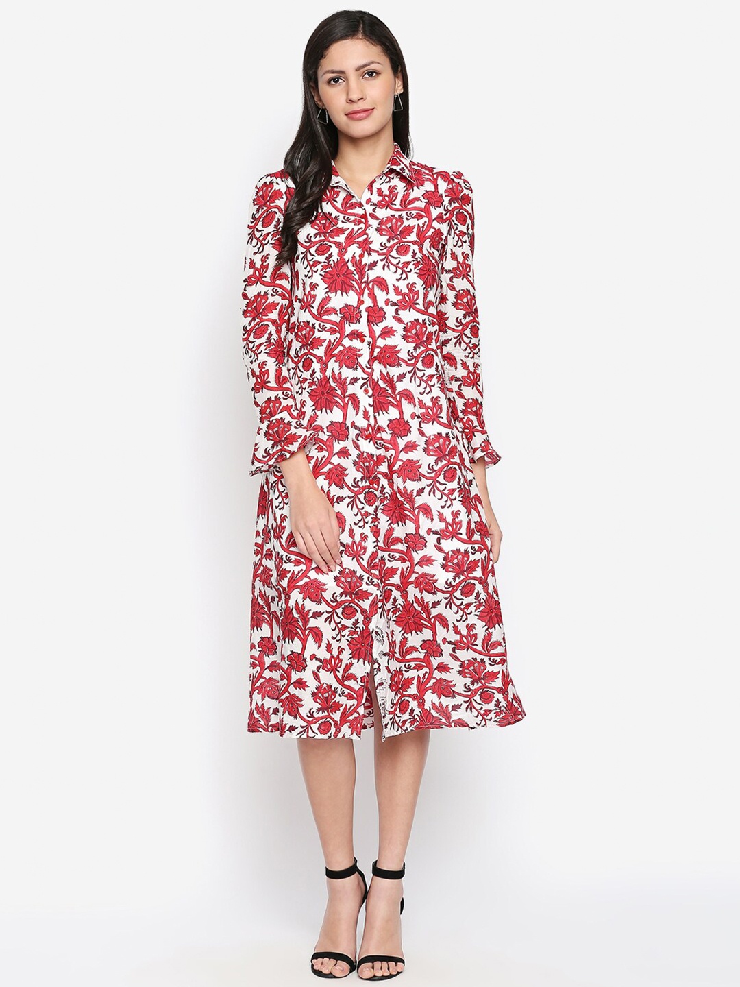 

aaliya Red & White Floral Shirt Midi Dress