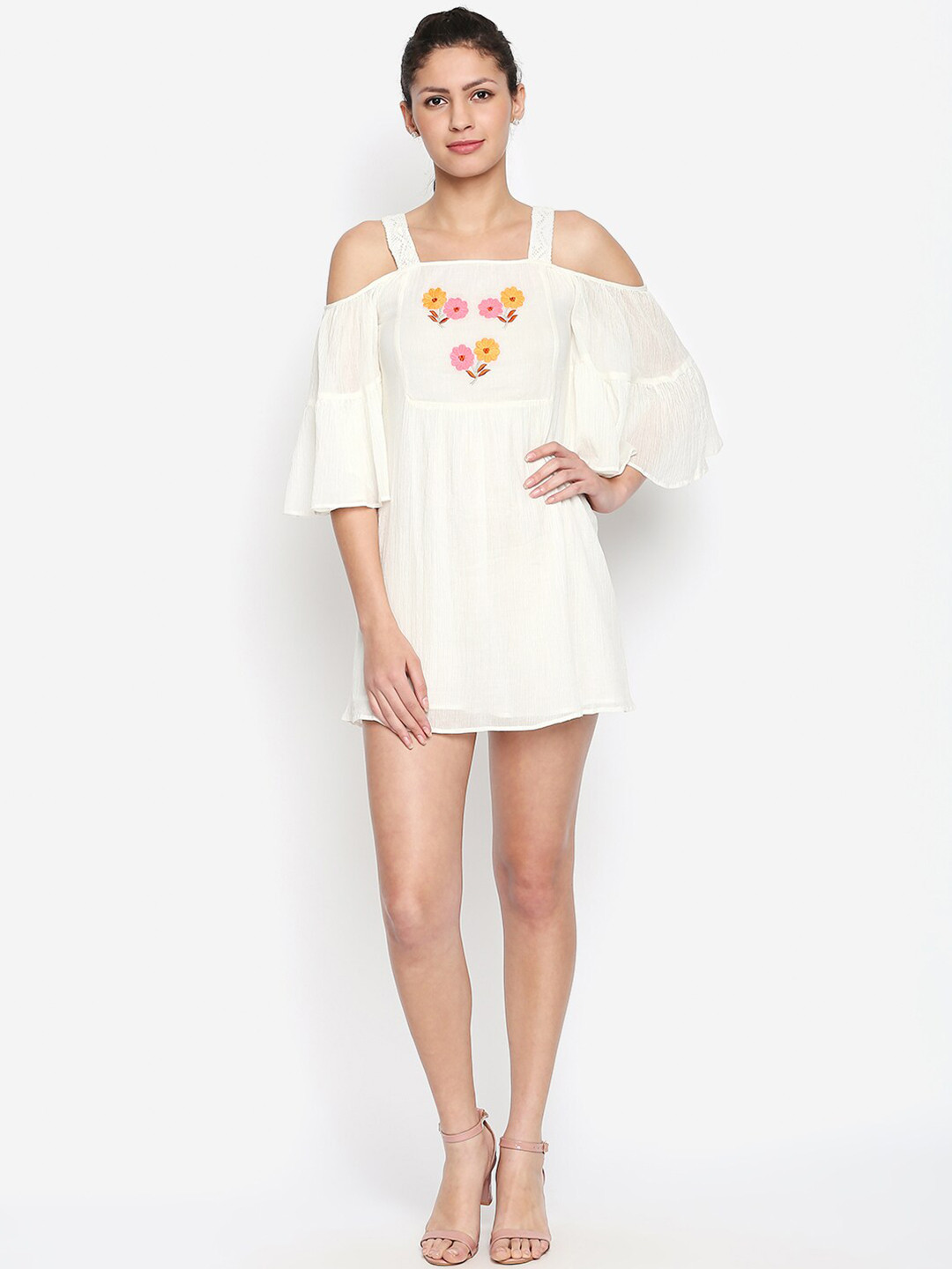 

aaliya White Floral Embroidered Chiffon A-Line Cotton Mini Dress