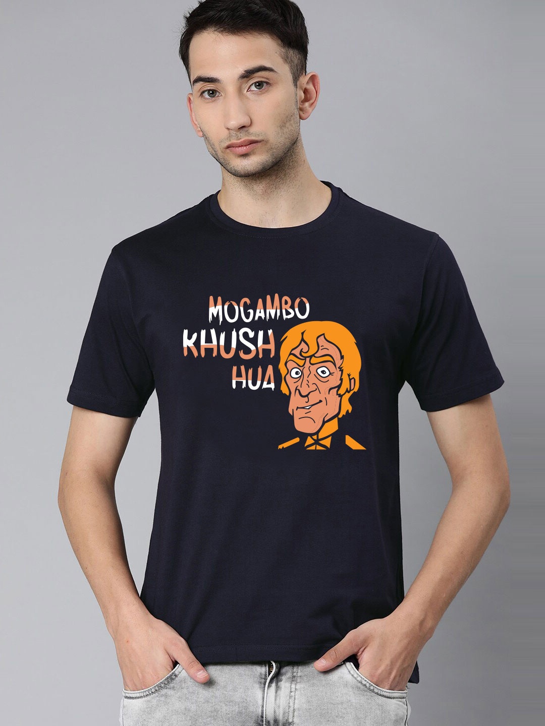

BE AWARA Men Navy Blue & Beige Printed Cotton T-shirt
