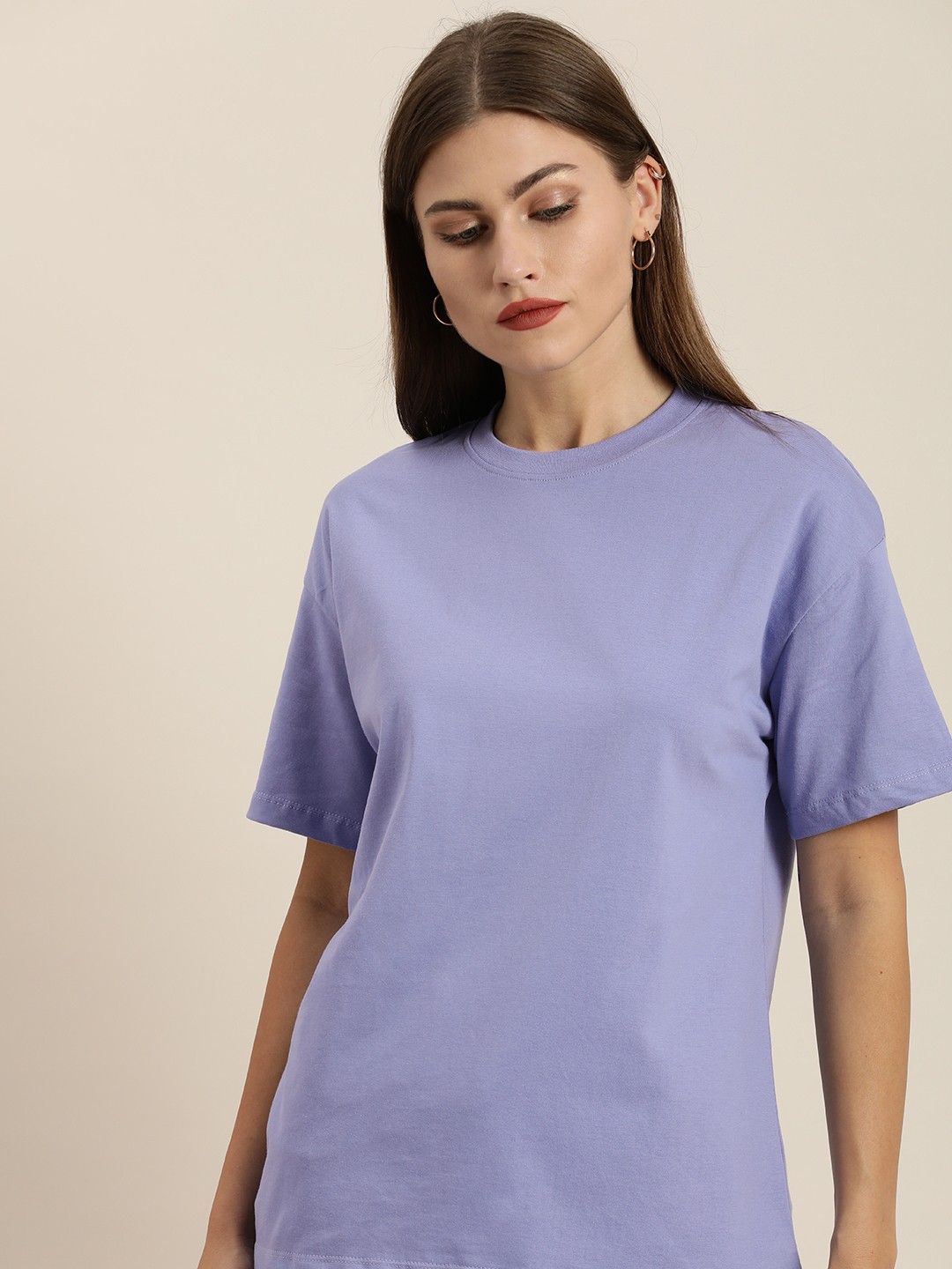 

ether Women Purple Solid Drop-Shoulder Sleeves Pure Cotton T-shirt