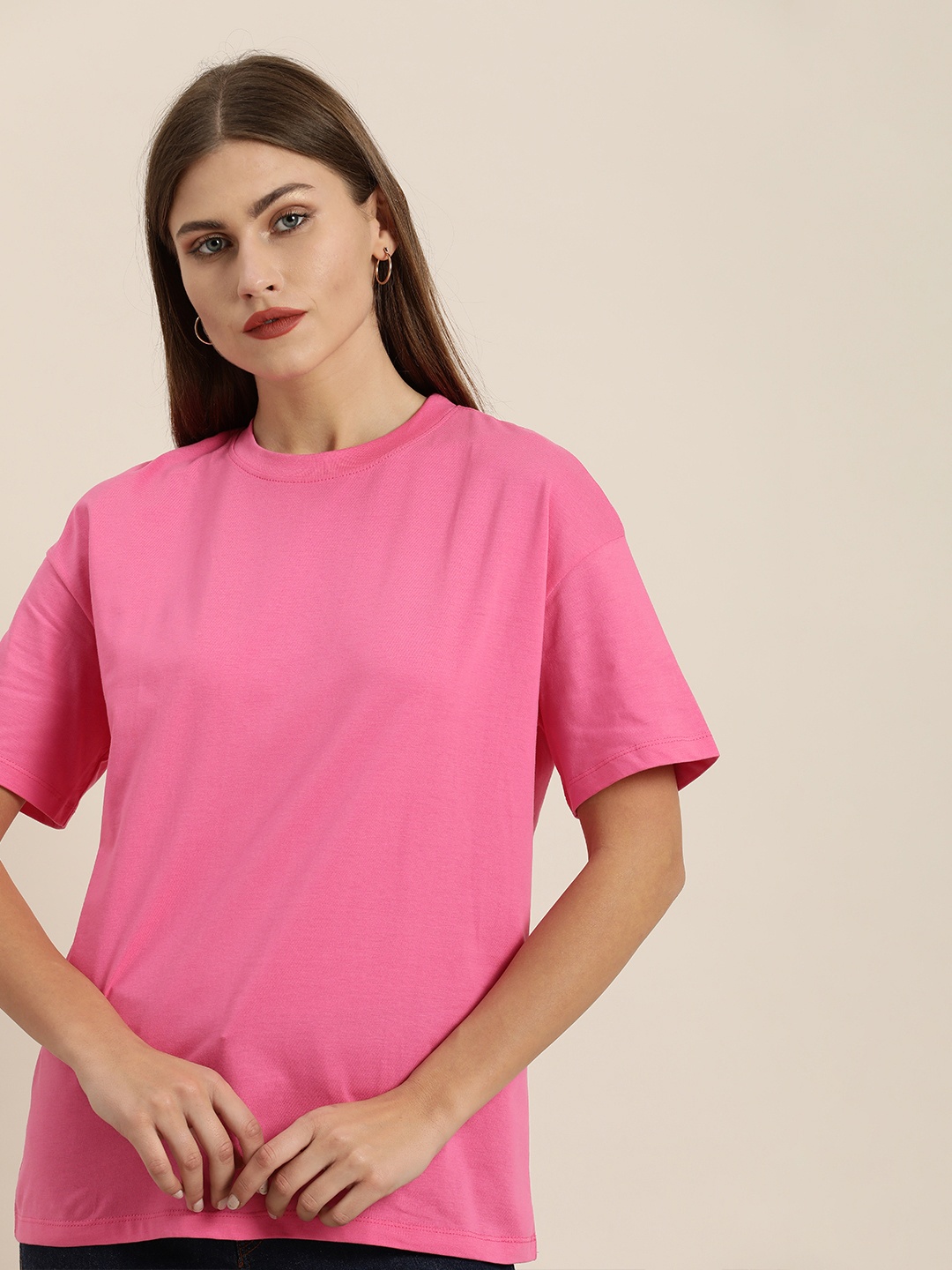 

ether Women Pink Solid Extended Sleeves T-shirt