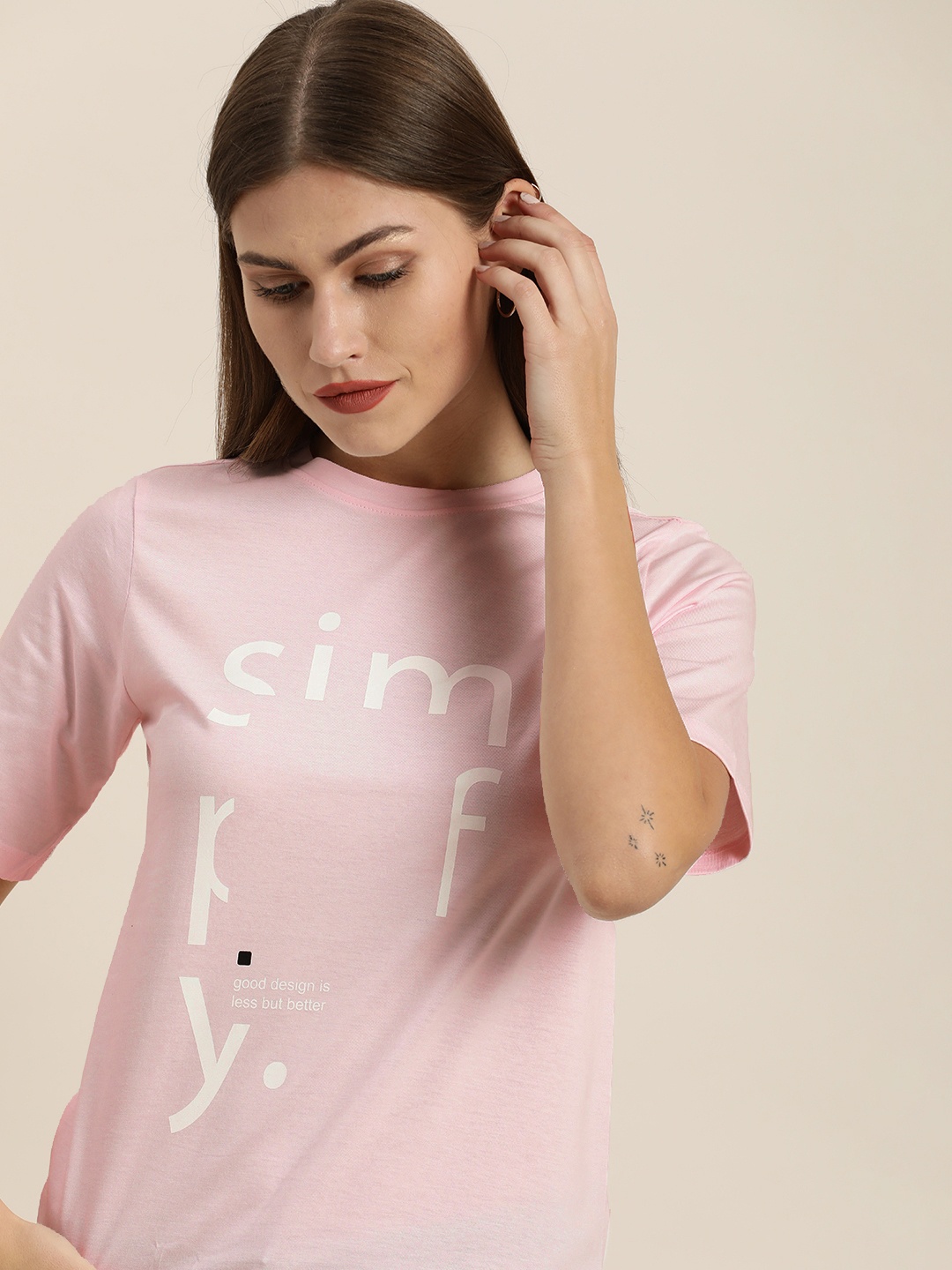

ether Women Pink & White Typography Printed Pure Cotton Round Neck T-shirt