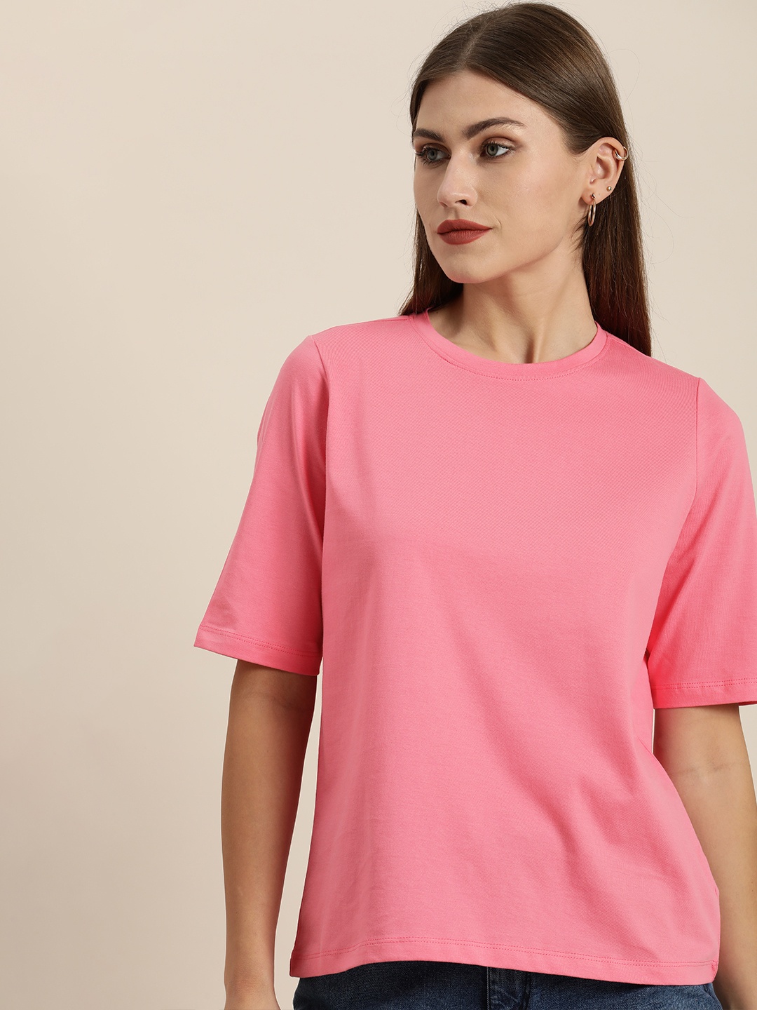 

ether Women Pink Solid Loose T-shirt