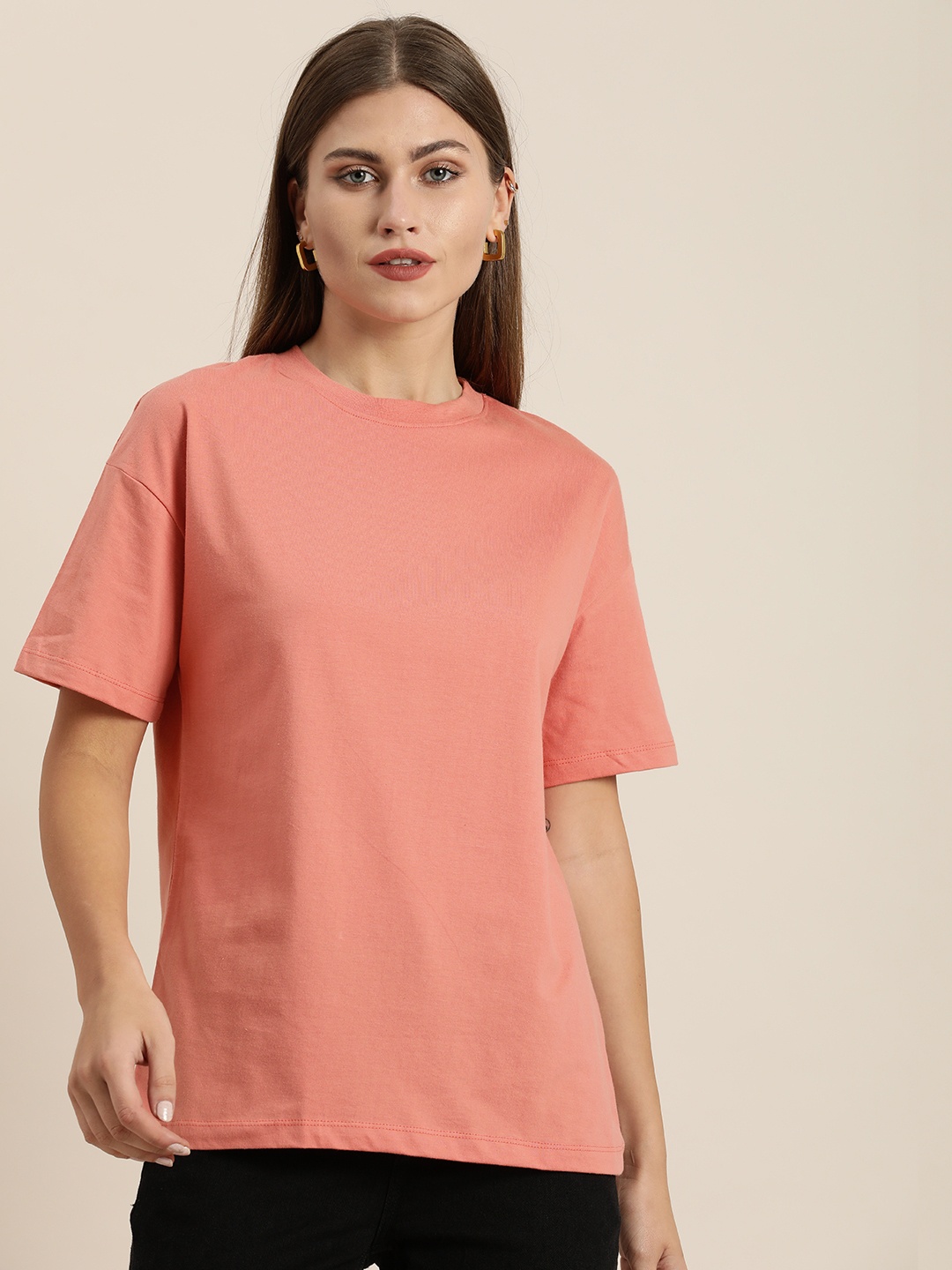 

ether Women Coral Pink Drop-Shoulder Sleeves Pure Cotton T-shirt