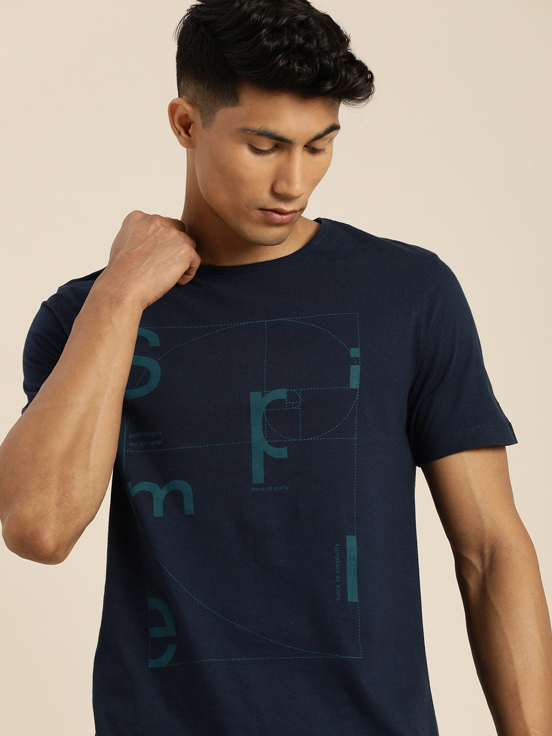

ether Men Navy Blue Typography Printed Pure Cotton T-shirt